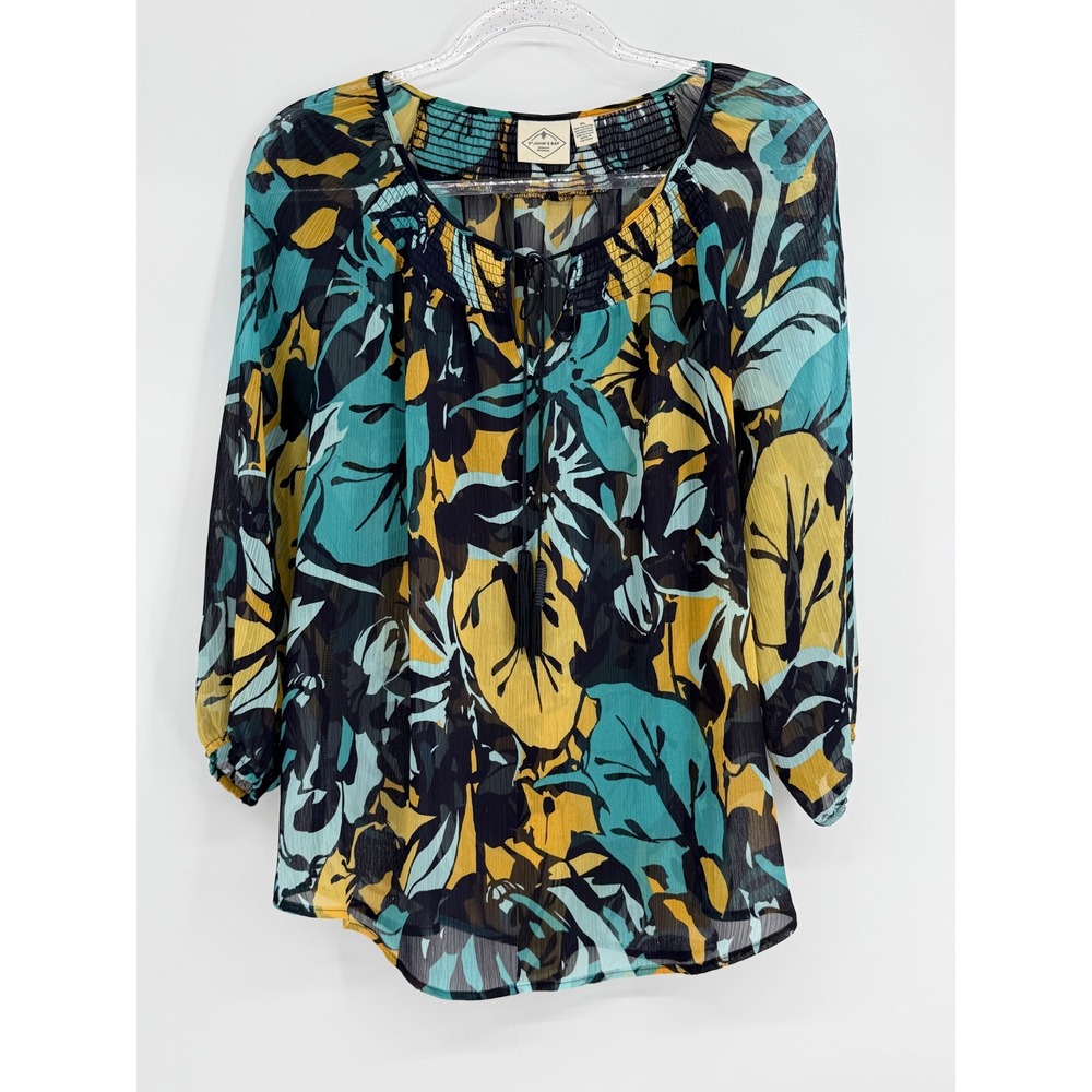 St Johns‎ Bay Womens Sz XL Tropical Chiffon Blouse Teal Yellow Leaf Smocked